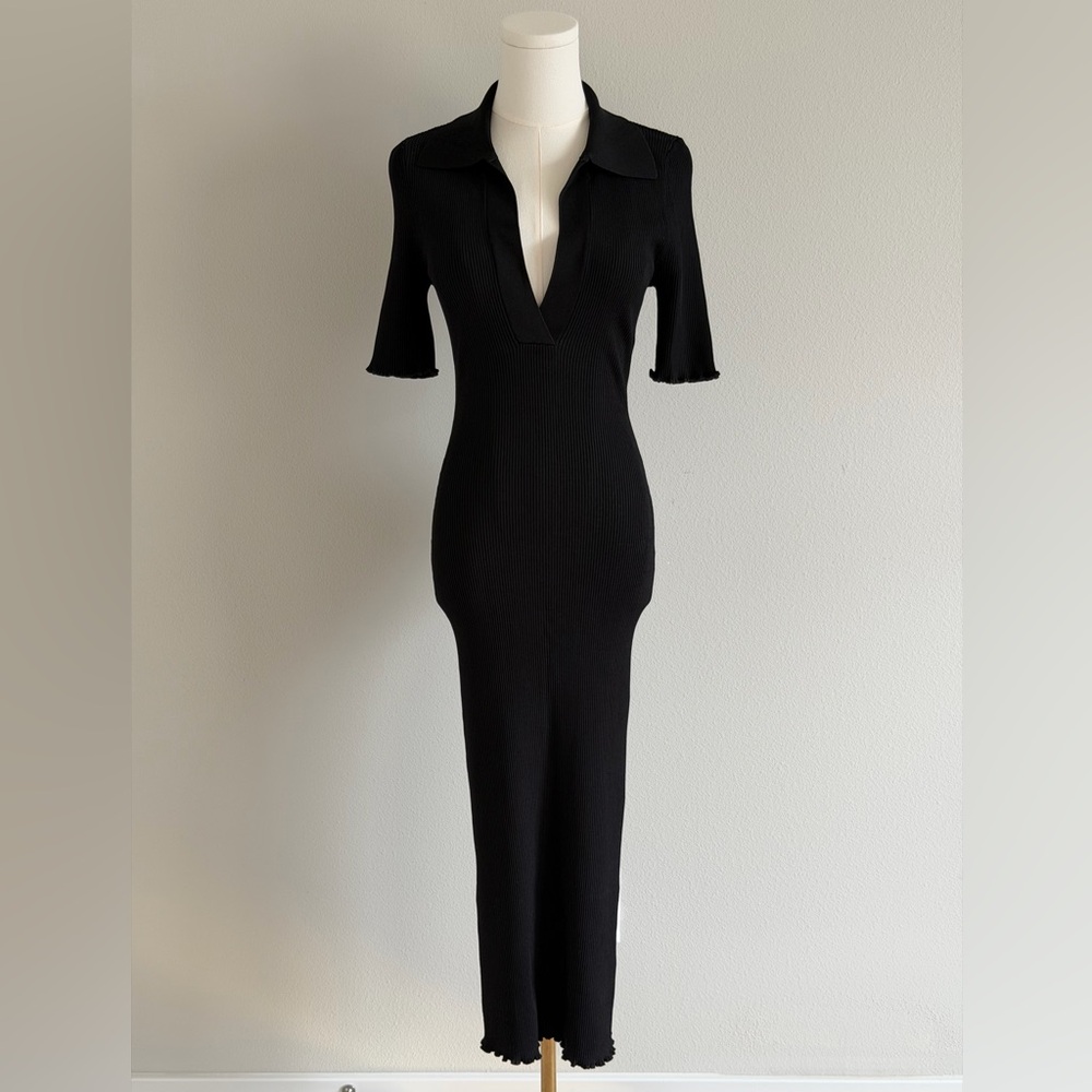 Good American Black Ribbed Knit Polo Midi Short Sleeve Dress - 2 - Picture 2 of 12